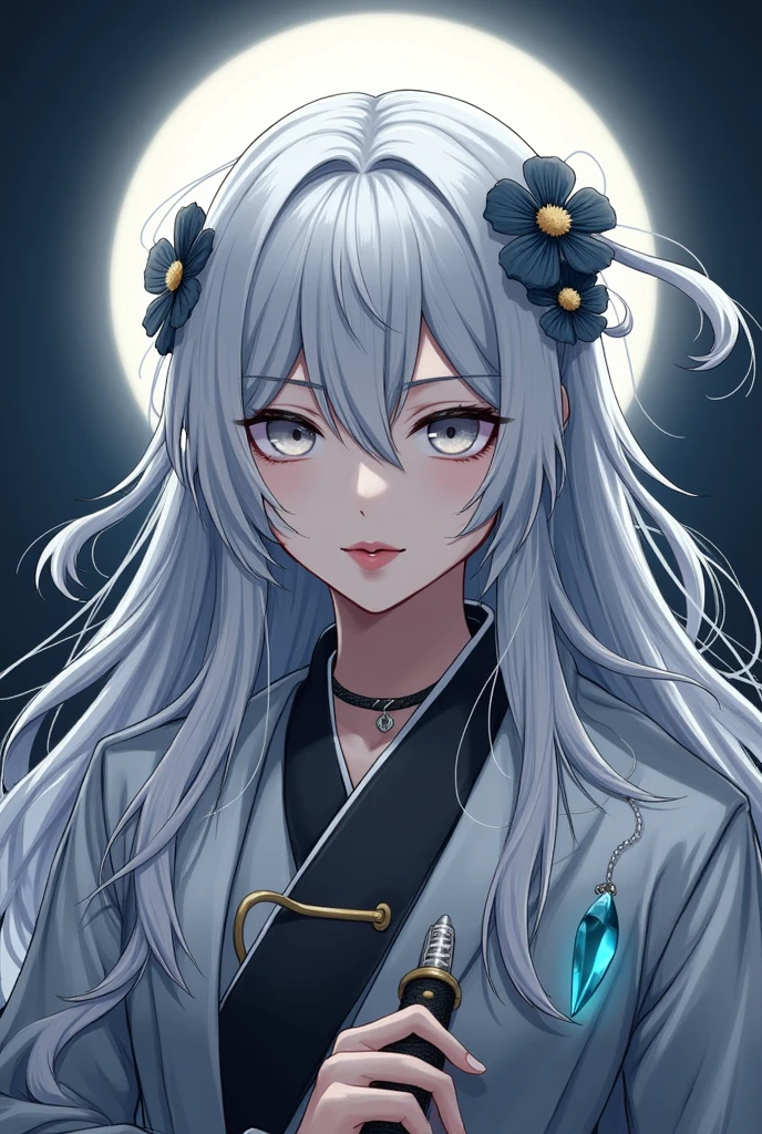 Masterpiece Best Night Full Moon 1 Female Mature Female Elder Sister Yu Sister Cold Face Expressionless Silver White Long Hair Woman Light Pink Lips Calm Intellectual Three Bands Gray Eyes Assassin Short Knife, Flowers, Hand Details, Finger Details,