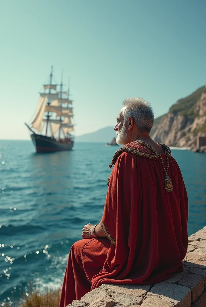 A sad Greek KING watching the sea waiting for a ship
