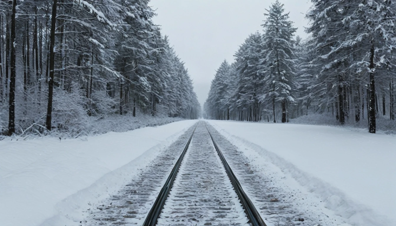 Tram tracks in the countryside, winter, forest visible in the distance, high detail, high resolution, high quality