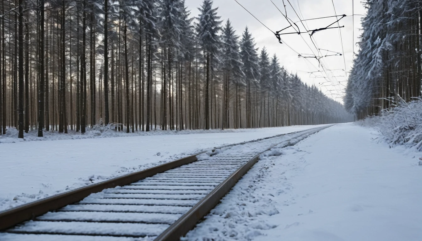 Tram tracks in the countryside, winter, forest visible in the distance, high detail, high resolution, high quality