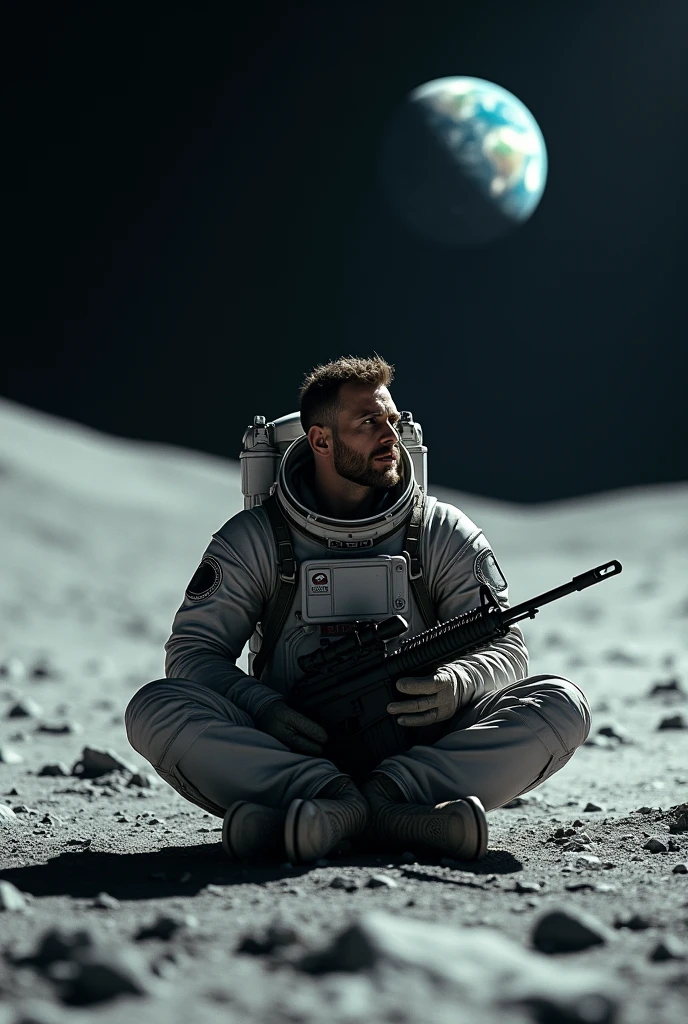 Man sitting with m4 gun on the moon looking at the earth 