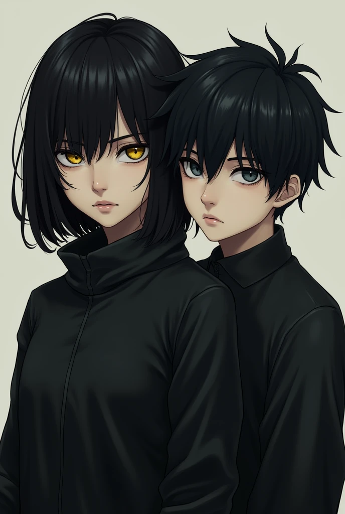 Black-haired girl with a cold look and yellow eyes next to a boy with black hair and gray eyes