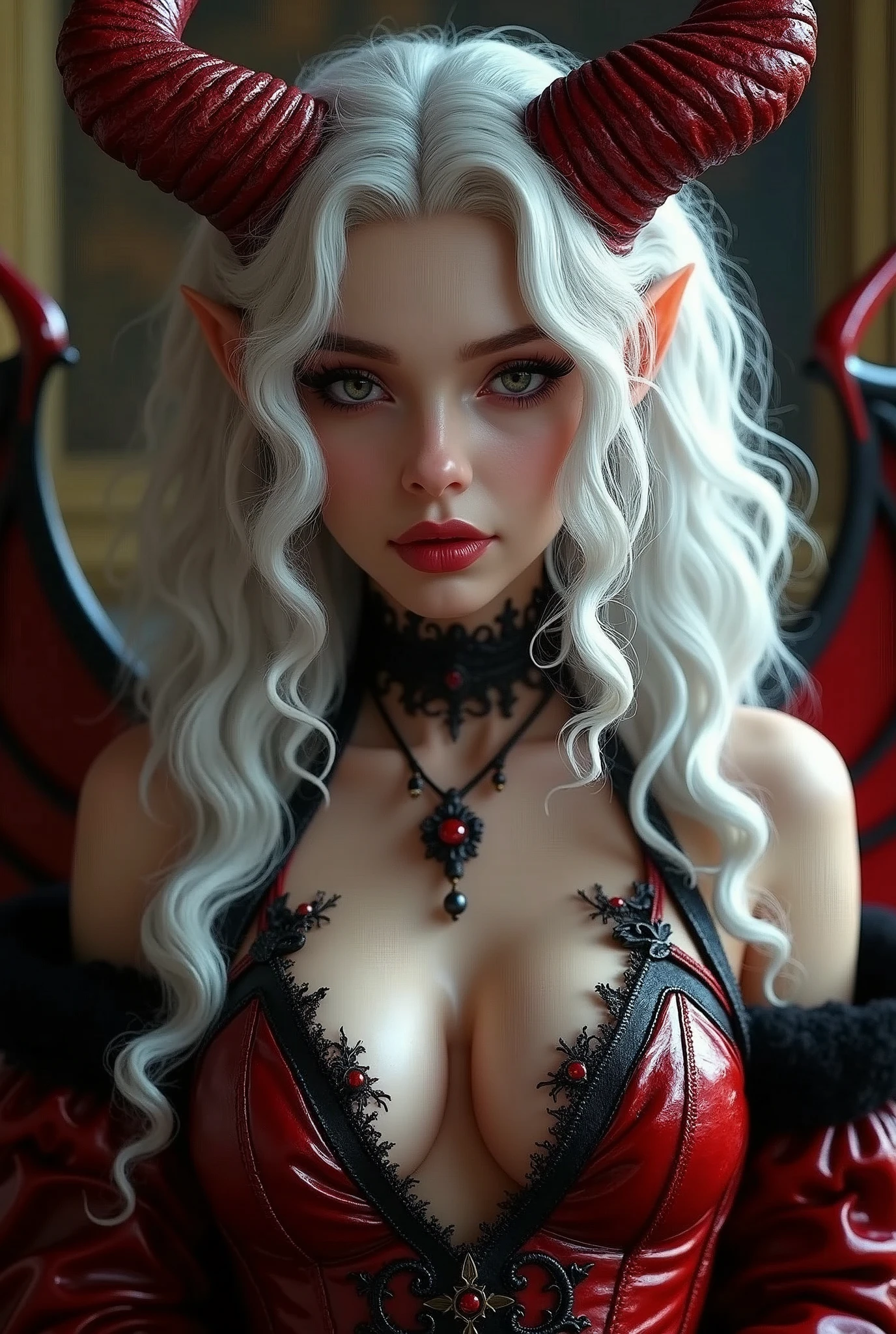 8k,White curly hair with vampire fangs,Very large breastsを持つ女王のクローズアップ(Ultra-realisticな肌), so beautiful(Like the real thing),Elf Ears,2. 5D CGIファンタジーアートワーク,Portrait of the Queen of the Underworld, Very exquisite work of art, Types of bacteria ; 3d unreal engine, demon queen, Big blow Loss Draw, Up to the model | Types of bacteria, Beautiful Succubus Surreal Exact details,Ultra-high resolution,Ultra-realistic,Luxurious red and black combat trousers,Sexy Costumes,An elaborately crafted demonic symbol,Muscularでスリムなマッチョな男性,Muscular, Muscular man with slim legs,Rich colors, Backlight, Cinema Lighting, Film Grain, 50mm lens, Nikon D850,Ultra-high resolution,Ultra-realistic,Compensate,Super sexy,smile,Well defined abdominal muscles,Big eyes,Very large breasts,全身Muscular,,8 Super Strong Abs,Dark purple eyeshadow,God of,Dark Purple Rouge,Sharp eyes,Golden Eyes,Red devil horns,Top View,close,Very large breastsの谷間を強調する,Gorgeous red and black long coat(Leather goods),