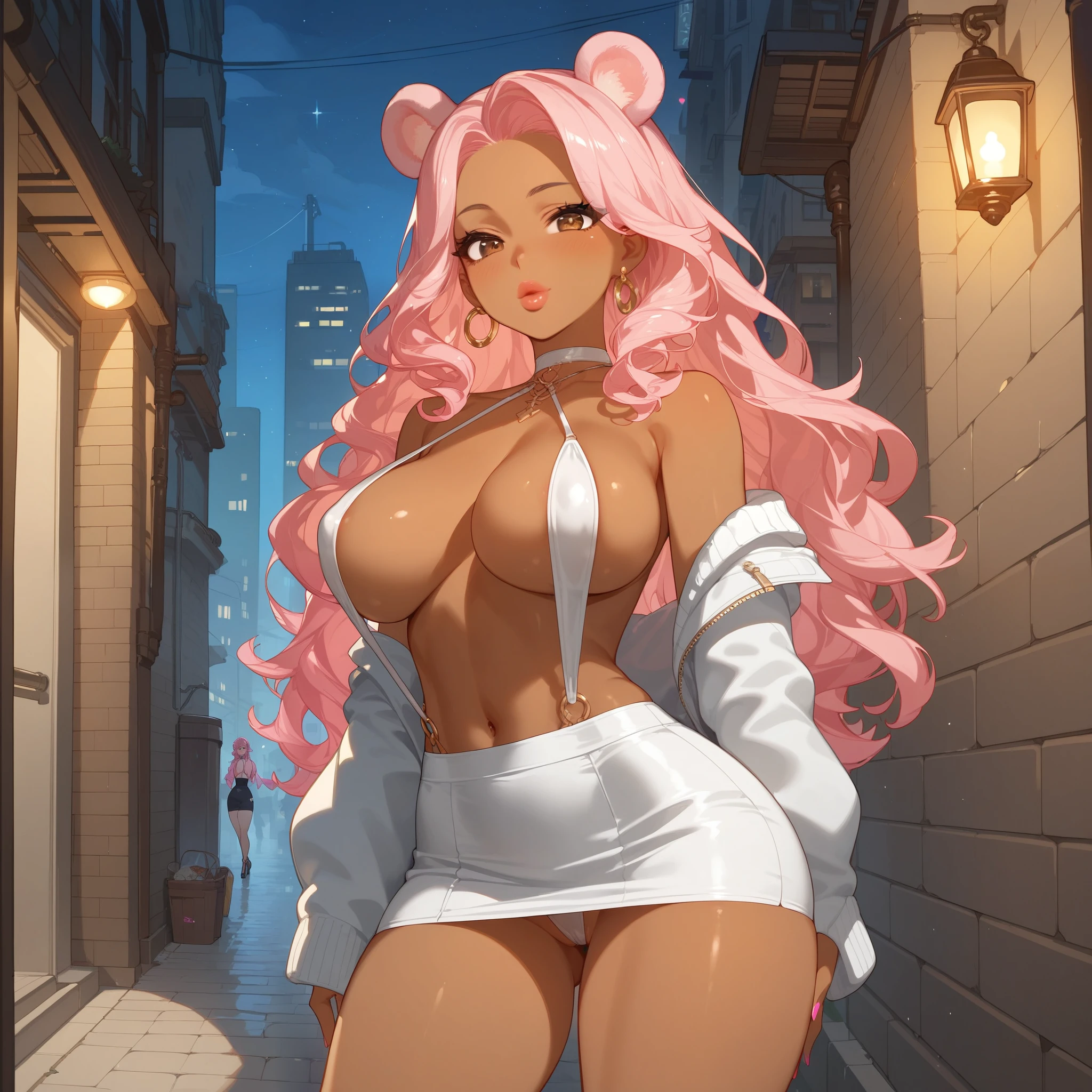 score_9, score_8_up, score_7_up, score_6_up, 1girl, source_anime, thick lips, brown eyes, pink hair, wavy hair, pink bear ears, (dark skinned female), long hair, large breasts, wide hips, slender eyes, perfect eyes, thick thighs, city, night, alley, glittery slingshot swimsuit, skirt, detailed, high quality