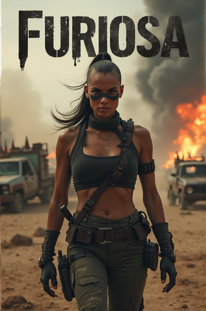 Center Furiosa, a fierce woman with a shaved head and black war paint across her eyes, wearing rugged, battle-worn clothing. Surround her with a desolate desert landscape, featuring rusted, spiked vehicles and a stormy, dusty sky. The scene should convey chaos and intensity, with fire, explosions, and flying debris in the background. Use a dark, gritty color palette with heavy contrasts to highlight the harshness of the environment. The title 'Furiosa' should be bold and metallic, placed prominently at the top or bottom."