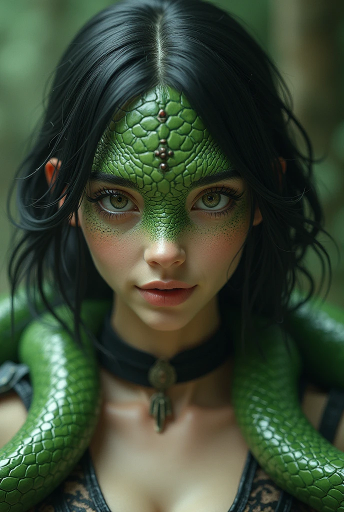 Highest quality, masterpiece, The adorable face of a Japanese idol, Cowboy Shot, Surreal painting inspired by Dinovarus, cgsociety contest winner, Fantasy art, Sexy reptilian humanoid woman, 4 k detail fantasy, Beautiful avatar photos, hyperrealistic Fantasy art, Green skin. Complex, 4k Fantasy art, Snake Woman Hybrid, Black choker, Big Breasts, Idol face, Happy expression, Facing forward,