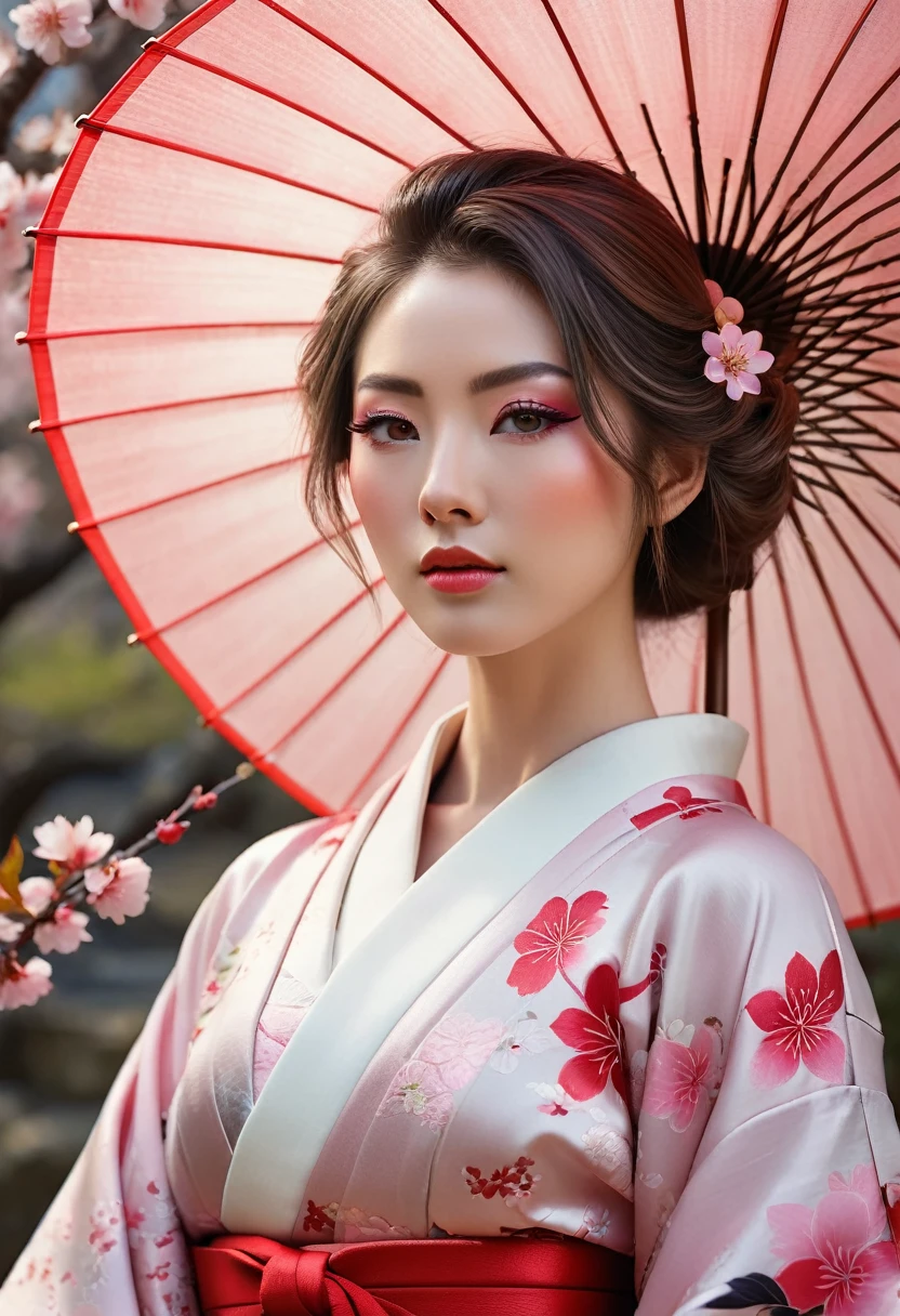 A hyper realistic Anime style portrait, Create a digital painting of an elegant woman dressed in a traditional Japanese kimono with a modern twist. The kimono is primarily black, providing a strong and sophisticated base, and features red and pink cherry blossom patterns that add warmth and delicacy. The red obi (belt) complements the kimono and adds a vibrant contrast. The woman is holding a large red umbrella above her, with subtle highlights that suggest sunlight filtering through. Her eyes are closed, exuding grace and serenity, and her hair is styled in a neat updo with soft waves. The background should depict a serene Japanese garden with cherry blossom trees in full bloom and a traditional pagoda structure in muted reds, with soft pastel hues creating a peaceful atmosphere. The textures should be smooth and polished, with the kimono appearing silky and luxurious, and the cherry blossoms delicate and soft. The overall atmosphere should be calm and sophisticated, with a harmonious blend of colors and textures that emphasize the character’s elegance and the serene setting, beautiful girl, beautiful detailed eyes, beautiful detailed lips, extremely detailed face and skin, long eyelashes, graceful pose, serene expression, cinematic lighting, award-winning digital art, highly detailed, 8k, photorealistic, masterpiece, vibrant colors, dramatic lighting
