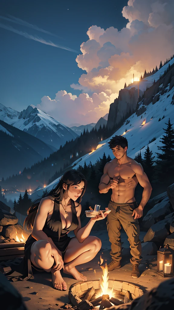 A couple is romancing across the camp on the mountain. The women are without clothes and have big hips. It is night and a fire is burning.