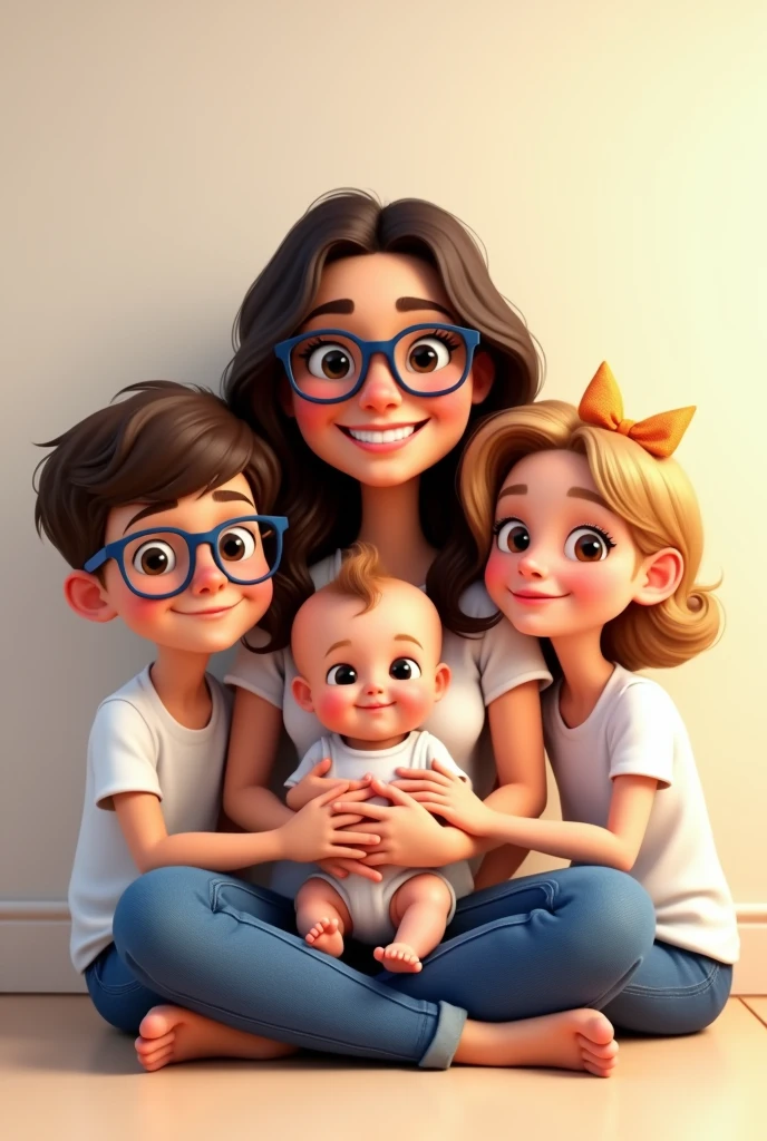 Create a Pixar animation style family portrait.
A mother with three children. A one year old baby boy. An 8 year old boy with glasses and a 6 year old girl.
The mother is sitting on the floor with her legs crossed and holding the baby in her arms..
On the left is the boy. On the right is the girl. Everyone is wearing a white t-shirt and jeans. Everyone is smiling warmly and has a cheerful expression.
The mother has long, dark wavy hair and wears blue-framed glasses; the boy also wears black-framed glasses..
The children have light brown, almost blonde hair..
The boy has light brown, almost blond hair..
She has shoulder length hair with a bow on her head.
The background is neutral and soft in tone..
The entire scene must have vibrant colors., expressive expressions and warm lighting typical of Pixar animations.
Everyone looking at the camera.
The boy on the left wears black-framed glasses..
The baby in the center is a boy
