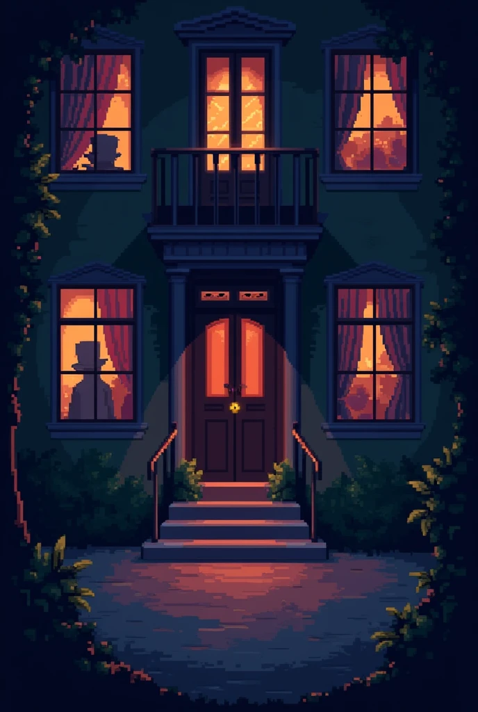 Loading screen of a video game about a spy and a thief in a mansion, pixel art style