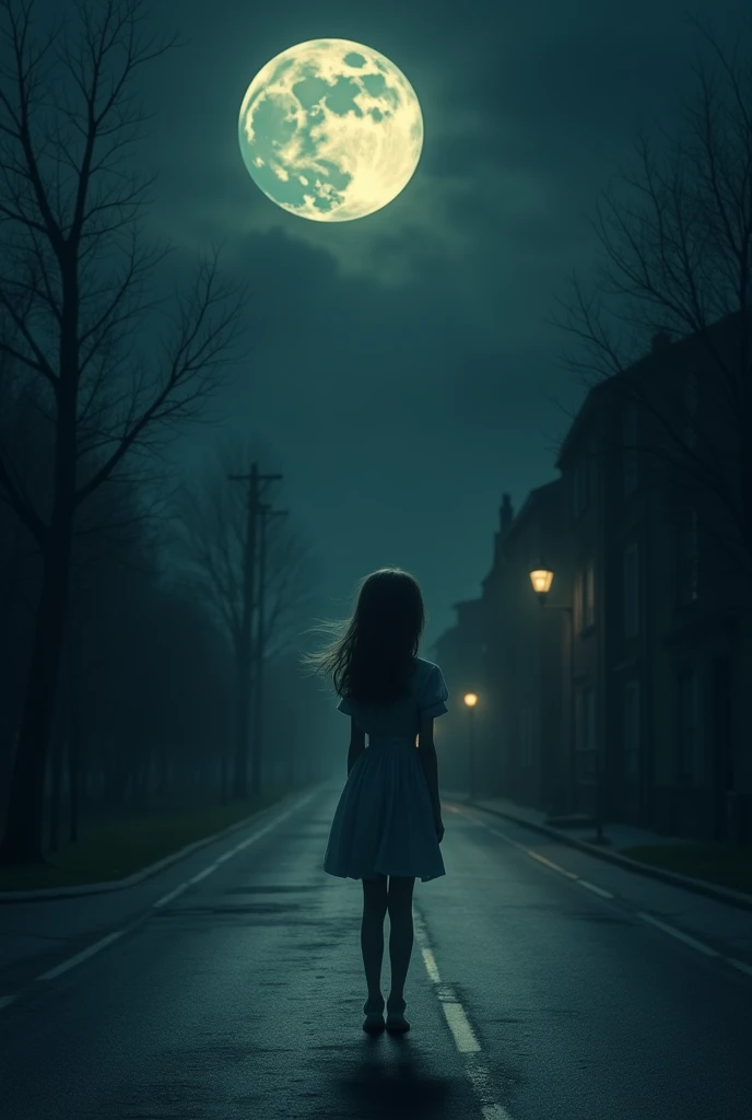 A Girl in the road at night time and seeing the moon