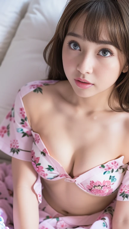 1 beautiful girl, Beautiful girl of the highest grade, Open mouth slightly, Realistic, extremely detailed CG unified 8k wallpaper, ighly detailed, High-definition raw color photos, professional photograpy, Realistic portrait, Cinematic Light, Beautiful detailed, (Naked:1.5), small and perky breasts breasts, (cleavage of the breast:1.2), Bare shoulders, (Floral yukata with wide open chest:1.5), indoors, Lying on her back in bed, Staring at me, (from above:1.5), ,(Best Quality:1.4), Super Detail, High quality, masutepiece