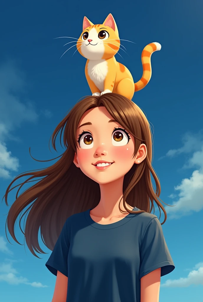 Blue background and animated teenage girl who has brown long hair, wearing dark blue t-shirt and looking up has a yellow white cat on her head