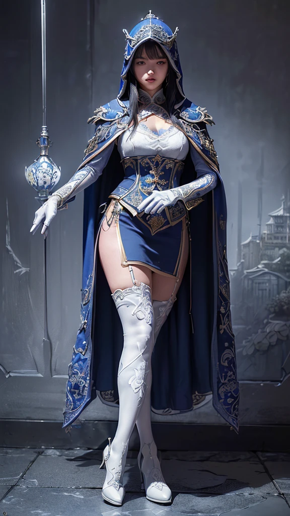 Vividly drawn (((trendy character South korea women assassin hooded on with modern royal Blue coat with buttons and royal Blue cape and very high white heel over the knee and white gloves, As she reveals a small secret hidden blade, in medieval south korea castle in summer at night under the rain, in night, walk in darkenesse inside castel and kill the king, intricate detail, ultra detail, incredible detail, intricate detail, extremely detailed and intricate, super max, masterpiece, best quality, HDR, UHD, unreal engine., beautiful face, Rich in details High quality, gorgeous, captivating, 8k, super detailed, portrait stunning shadows, detailed lines exuding