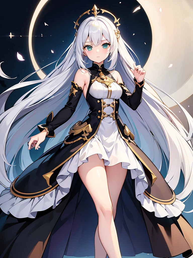 masterpiece, super fine illustration, extremely detailed, 1girl, flat background, full body, standing, extremely detailed face and eyes,Anime character with long white hair and black dress, deity with white hair, from arc knights, cute anime waifu in nice dress, white hair, in dress, artstation trending on pixiv, from girls front line, white hair, official character art, perfect girl with white hair, lady with white hair,(shining sharp emerald eyes), dress is sleeveless,(perfect hands)