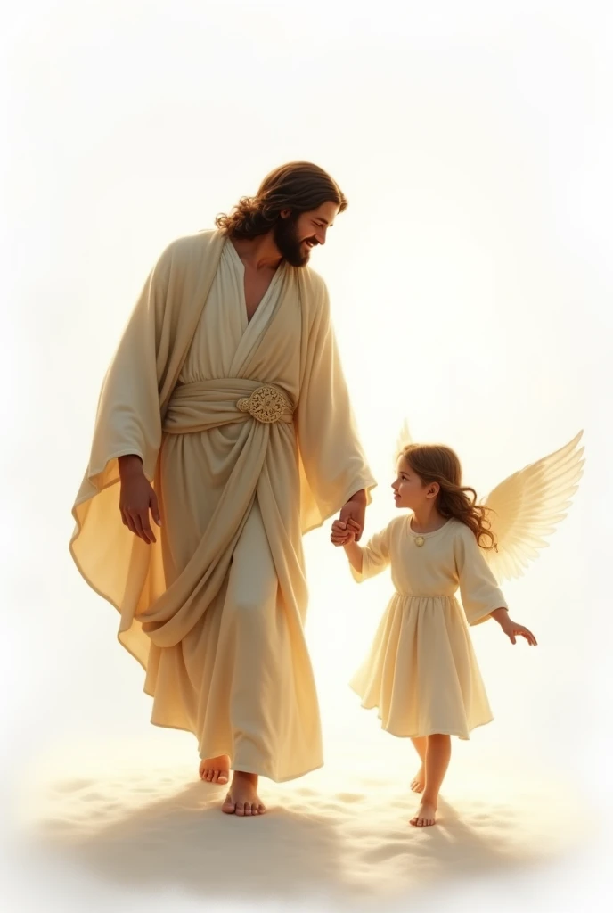 Create an image, JESUS CHRIST AND A CHILD (Female One) with angel wings, HOLDING JESUS&#39; HAND, walking. Image Background, A WHITE PLANE.