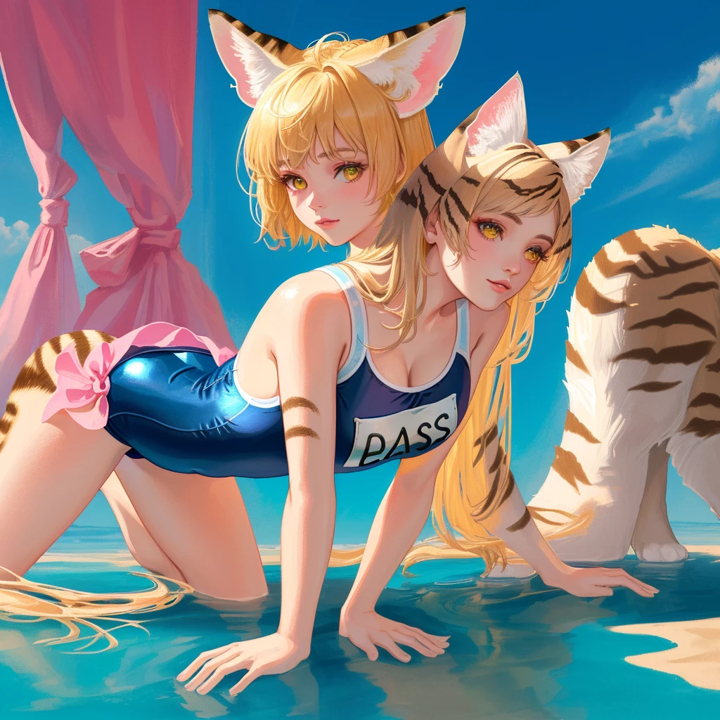 ***background***：(((Desert oasis1:1.4))) BREAK
(((A Sand Cat Beastman)))　BREAK
***pose***, (((Playing on all fours 1:1.3))) BREAK
(((Masterpiece, best quality, super detailed, super high resolution, best quality photorealistic illustration, super definition, cute illustration: 1.3, high saturation: 1.2, detailed beautiful face and eyes, very delicate and beautiful, nice hands, perfect hands, proper posture, proper composition, ideal proportions of the body, absurdes, realistic, surreal, golden ratio 1.2, drawing board 1.3, super quality and detailed art, high resolution (HD, 4K, 8k, 16K), color bit depth 24bit, 48bit, 8k, super high resolution: 1.2))) BREAK
***theme***: (((School Swimsuit Sand Cat Beastman))) BREAK
***(((School swimsuit, Blue, a cool beauty wearing a school swimsuit, the Blue school swimsuit is simple yet sophisticated, beautifully highlighting the body lines. The material of the school swimsuit is high quality and shiny, allowing for ease of movement and comfort. The design of the school swimsuit is detailed and beautifully aligned. The seams and cut lines. The color of the school swimsuit is deep Blue, giving a cool and calm impression.)))***1:1.5 BREAK
Long blonde hair, fluffy hair BREAK
Smile, cheerful atmosphere BREAK
(((Sand cat ears that match the desert background))) BREAK
Gold, Blue, green, light Blue, yellow, silver, crimson, light purple, deep brown, pink, wine red, BREAK
The perfect female body, feminine curves, cleavage BREAK
Artistic and ultimate, the strongest and perfect, BREAK
extraordinary, groundbreaking, amazing, overwhelming, original, pioneering, innovative, BREAK
「***(((Recommended models and LoRA: SeaArt-v1, FelineFantasy-LoRA)))***1:1.5」 BREAK
