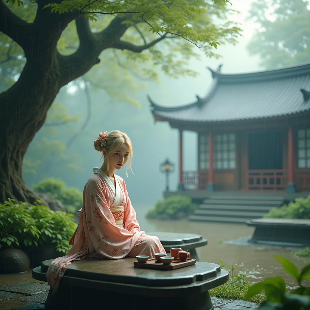 hyperealistic photo A full body shot of A beautiful blonde woman, wearing a japanese Kimono with floral design, looking in camera, A large tree, the wooden house is surrounded by green plants and misty rain in ancient China. The high definition photography style features exquisite details of real scenery, with teacups placed on stone tables under it. A wide perspective showcases an open space with beautiful artistic conception. In front of them was another tea table in the style of Chinese art, creating a magnificent view. photorealistic, ultra-realistic photograph captured, high-resolution quality ,detailed face, 8k