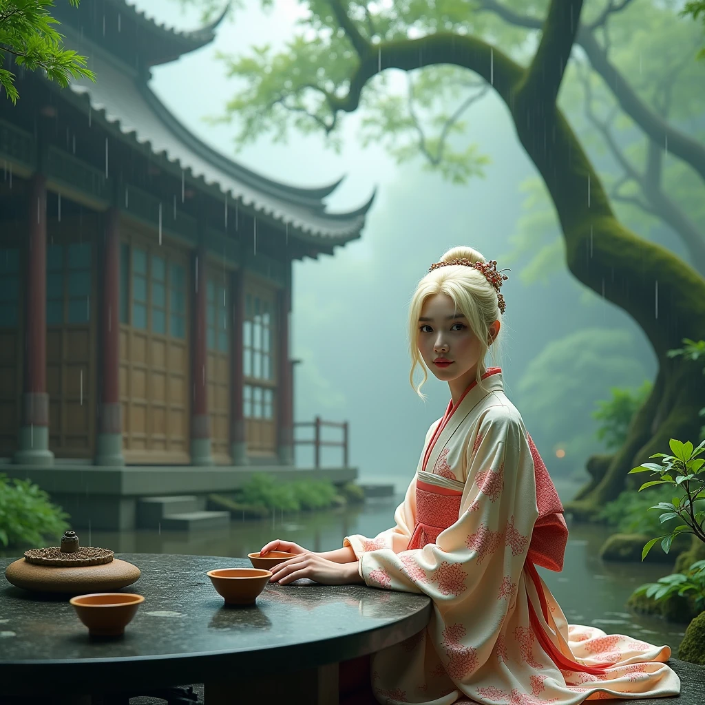 hyperealistic photo A full body shot of A beautiful blonde woman, wearing a japanese Kimono with floral design, looking in camera, A large tree, the wooden house is surrounded by green plants and misty rain in ancient China. The high definition photography style features exquisite details of real scenery, with teacups placed on stone tables under it. A wide perspective showcases an open space with beautiful artistic conception. In front of them was another tea table in the style of Chinese art, creating a magnificent view. photorealistic, ultra-realistic photograph captured, high-resolution quality ,detailed face, 8k