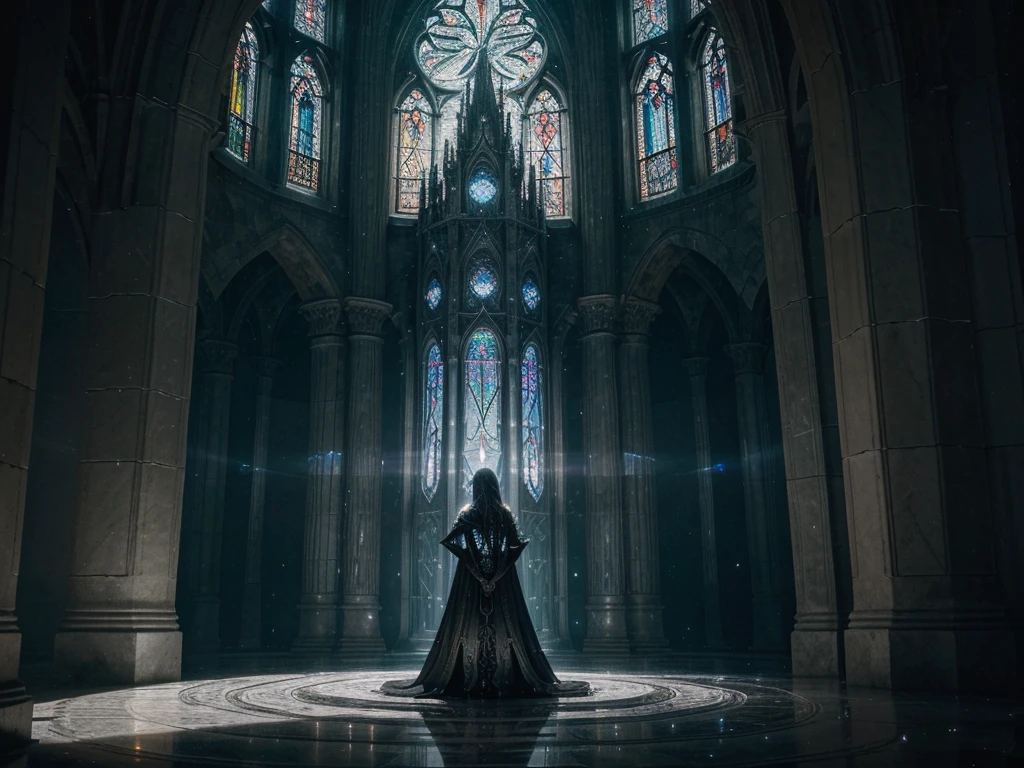 "In an infinite silver dimension, the ground is made of liquid silver, perfectly reflecting the vast sky above. Scattered throughout the ethereal landscape are numerous shining crystals, each capturing light in various hues. At the center of this magical dimension stands an imposing and intricately detailed tower belonging to a wizard. The tower, styled in dark witchcraft architecture, is majestic and foreboding, with gothic elements, arcane symbols carved into the stones, and narrow windows emitting a mystical glow. The structure seems imbued with arcane energy, exuding power and mystery."

