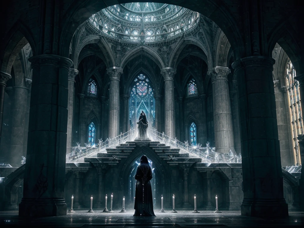 "In an infinite silver dimension, the ground is made of liquid silver, perfectly reflecting the vast sky above. Scattered throughout the ethereal landscape are numerous shining crystals, each capturing light in various hues. At the center of this magical dimension stands an imposing and intricately detailed tower belonging to a wizard. The tower, styled in dark witchcraft architecture, is majestic and foreboding, with gothic elements, arcane symbols carved into the stones, and narrow windows emitting a mystical glow. The structure seems imbued with arcane energy, exuding power and mystery."

