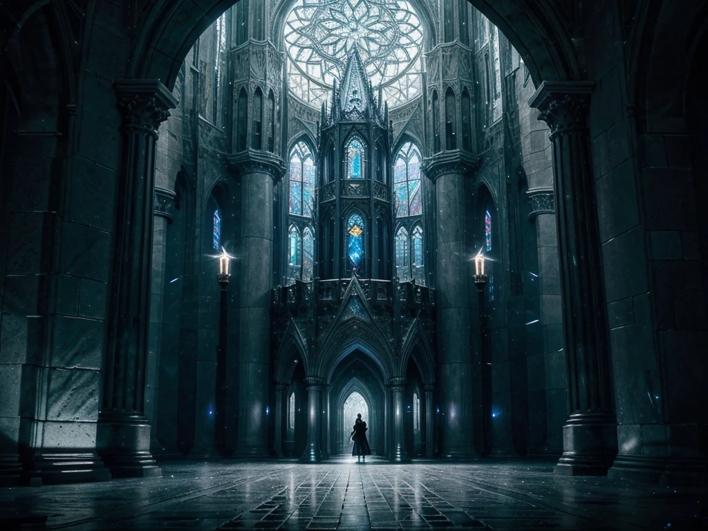 "In an infinite silver dimension, the ground is made of liquid silver, perfectly reflecting the vast sky above. Scattered throughout the ethereal landscape are numerous shining crystals, each capturing light in various hues. At the center of this magical dimension stands an imposing and intricately detailed tower belonging to a wizard. The tower, styled in dark witchcraft architecture, is majestic and foreboding, with gothic elements, arcane symbols carved into the stones, and narrow windows emitting a mystical glow. The structure seems imbued with arcane energy, exuding power and mystery."