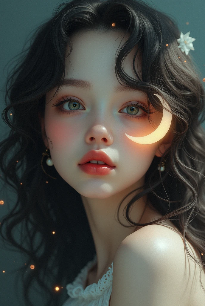 Beautiful girl with wavy long hair, and big lips with moon