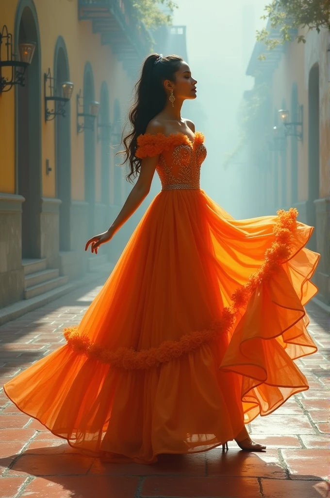 Quinceañera walking sideways in a beautiful oil-colored dress 
