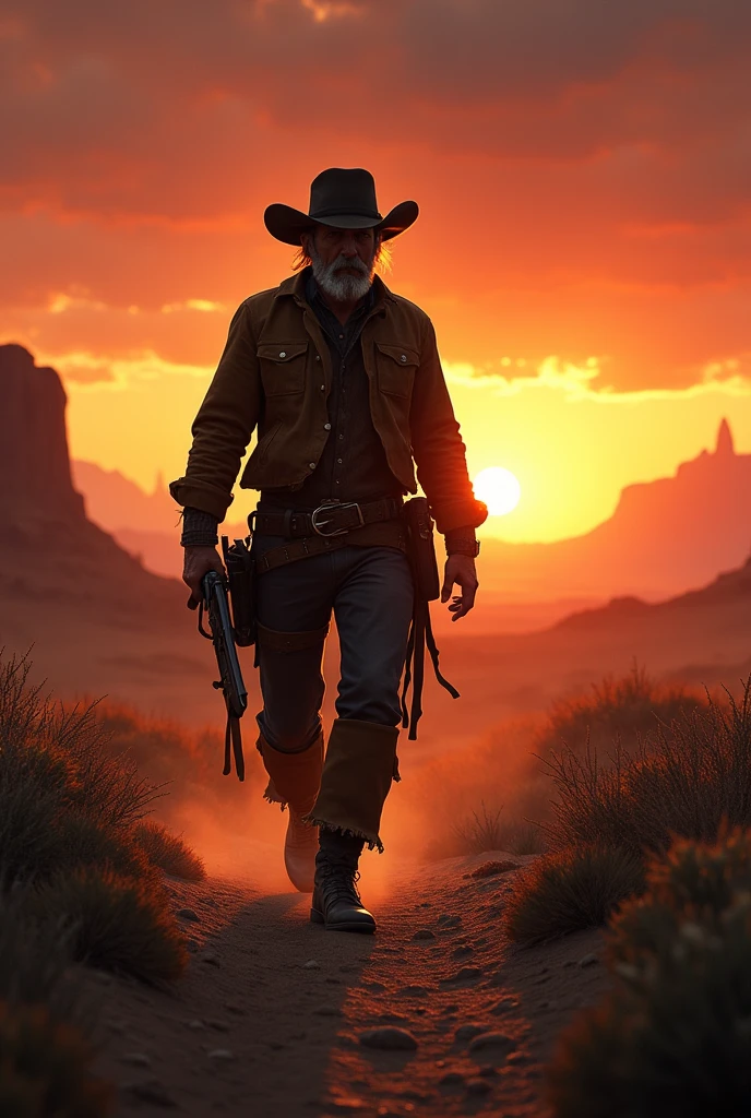 cowboy walking alone in the backlands, with the sun going down in the background, symbolizing the end of one cycle and the beginning of another.