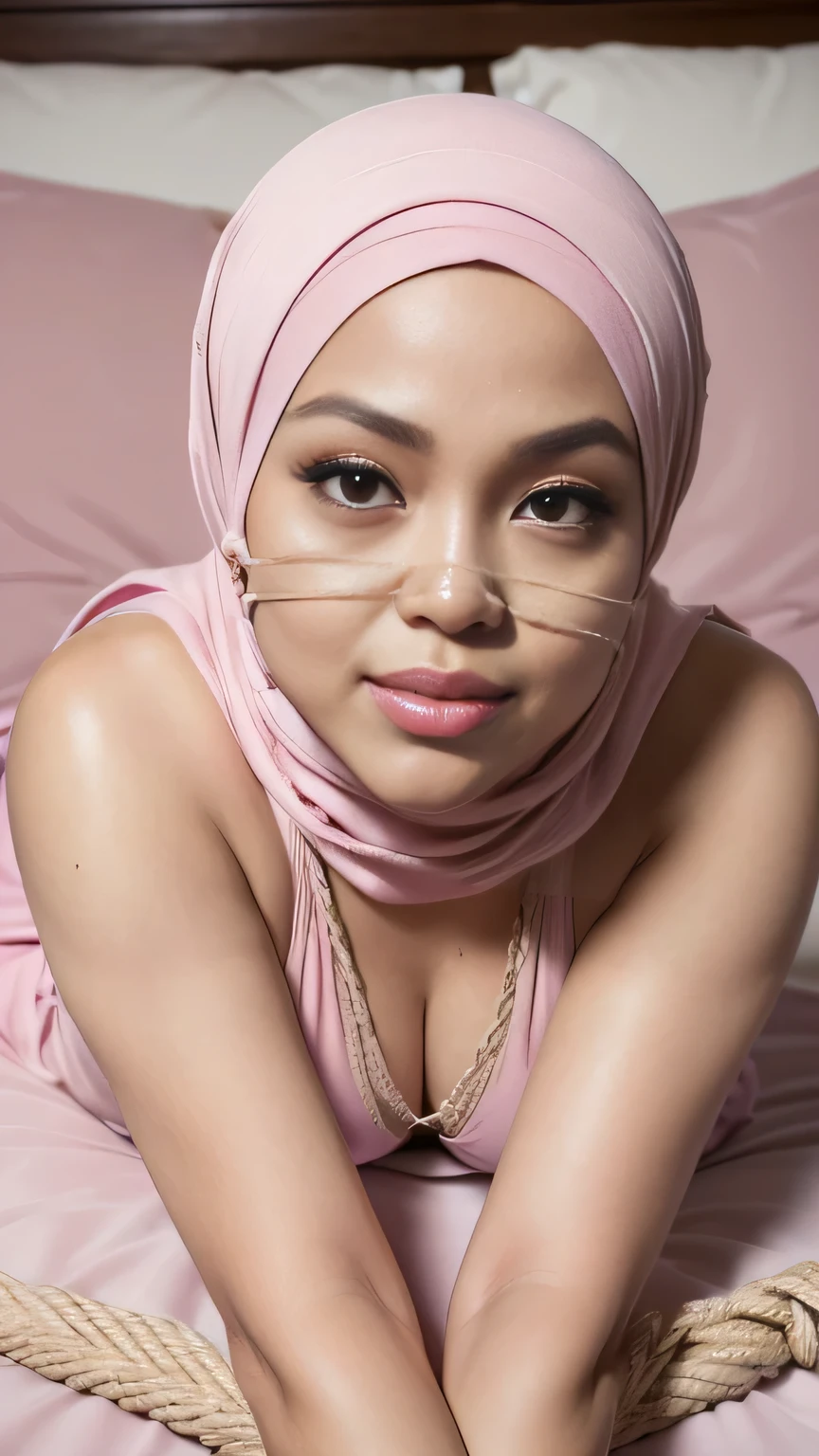 (k, RAW photo, masterpiecel1.4, realistic, photo-realistic, best quality, HDR, ((super lighting)), ((hotel)), ((lying down at bed)), ((1 beautiful malay girl)), ((seductive poses)), ((smirk)), ((potrait fullbody)), ((chubby body)), ((fat chubby)), photo of a malay girl pink tudung hijab, details skin texture, bright skin, big gorgeous eyes, double eyelids, perfect eye, ((big-br), ((soft face)), ((naked)),aring hijab tudung pink)), ((show sexy armpit))(bondage with ropfront down face up view camera)), ((lips gagged with tapegag))