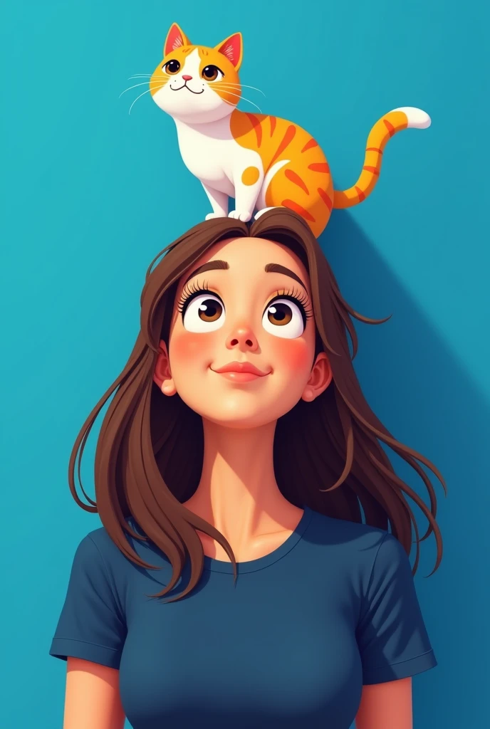 Blue background and animated 23 years old girl who has brown long hair, wearing dark blue t-shirt and looking up has a yellow white cat on her head 