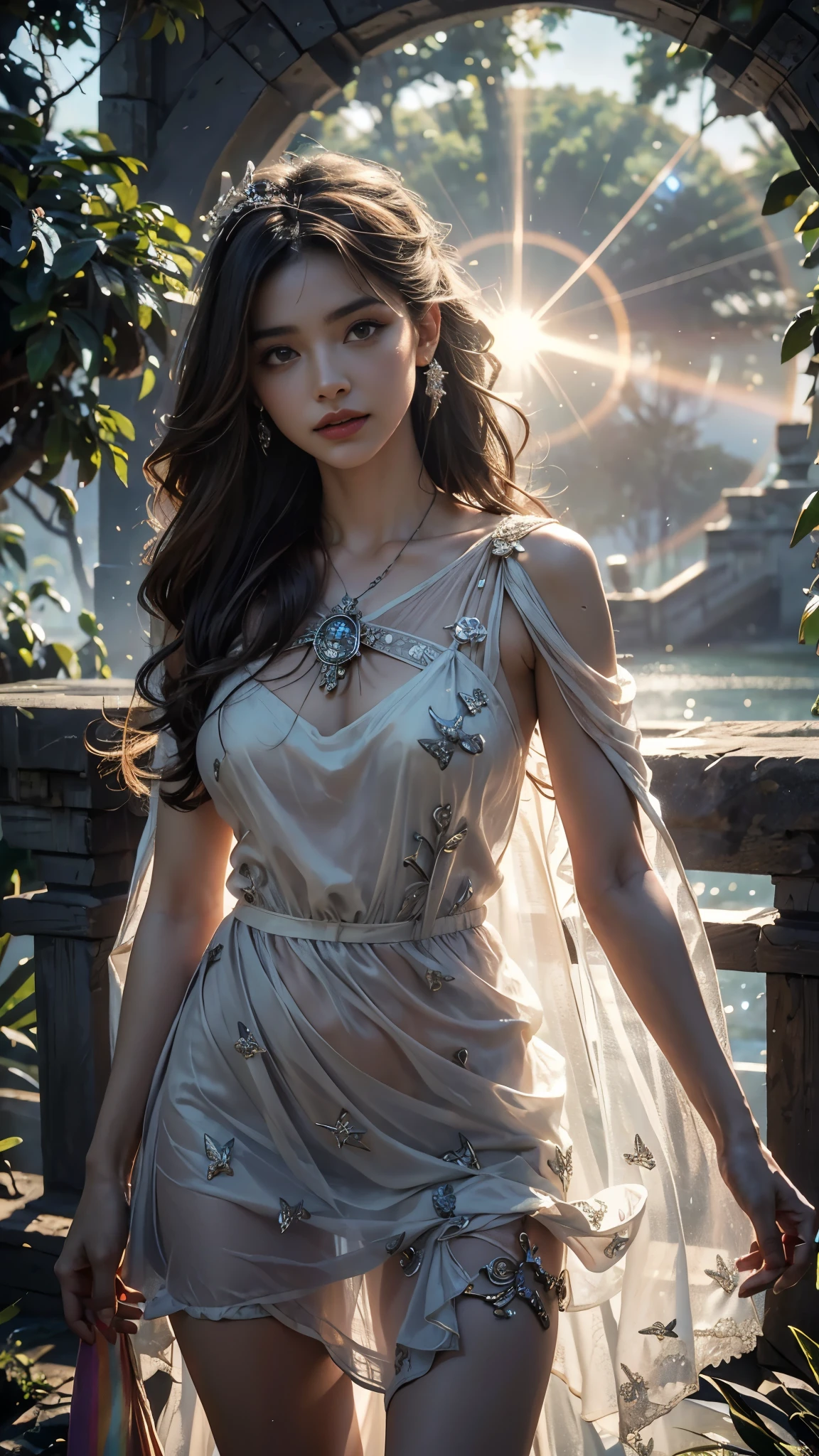 4K, UHD, Masterpiece, 1 girl, good face, detailed eyes, ((very long hair)), bridal hairstyle, butterfly on hair, ornaments, crystal ornaments, jwellery, block print dress, ((rainbow dress)), very detailed dress, strap dress, flowing cape, mesh stocking, cinematic unreal scenery, legendary scenery, rainy weather, wet ground, depth of field, ray tracing, bloom, god rays, lens flare, sun flare, cinematic pose,
