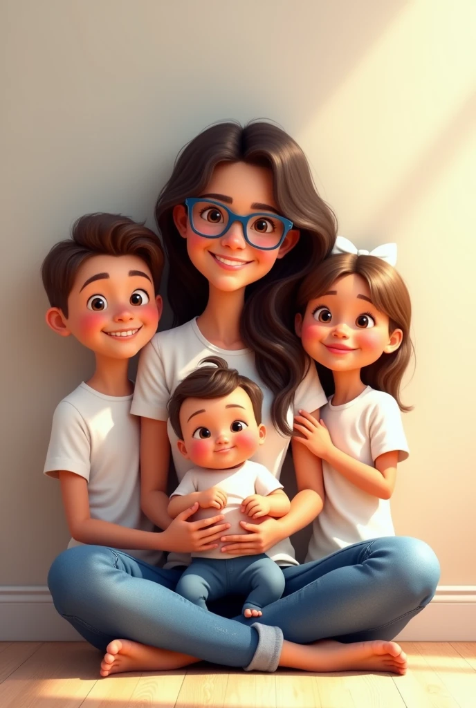 Create a Pixar animation style family portrait.
A mother with three children. A one year old baby boy. An 8 year old boy with glasses and a 6 year old girl.
The mother is sitting on the floor with her legs crossed and holding the baby in her arms..
On the left is the boy. On the right is the girl. Everyone is wearing a white t-shirt and jeans. Everyone is smiling warmly and has a cheerful expression.
The mother has long, dark wavy hair and wears blue-framed glasses; the boy also wears black-framed glasses..
The children have light brown, almost blonde hair..
The boy has light brown, almost blond hair..
The girl has shoulder length hair with a bow on her head.
The background is neutral and soft in tone..
The entire scene must have vibrant colors., expressive expressions and warm lighting typical of Pixar animations.
Everyone looking at the camera.
The boy on the left wears black-framed glasses..
The baby in the center is a boy.
The one on the right is a little smaller than the boy on the left.