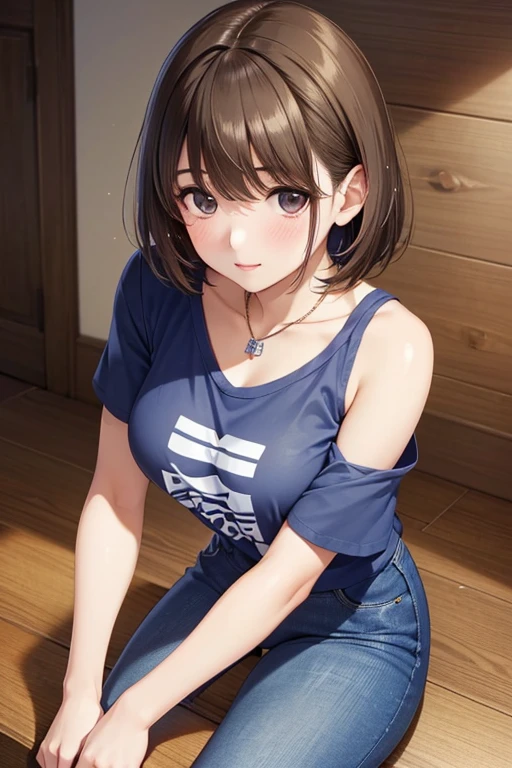 anegasaki nene、Shiny brown hair, short hair、 (Beautiful brown eyes、Sparkling eyes, Fine grain)、smile、Ultra-detailed eyes、Highly detailed face, Highly detailed eyes,


(masterpiece,Highest quality,High resolution,Highest quality,Super Details),8k,wallpaper,An illustration,

(masterpiece:1.3)、Very nice finish、(High resolution、8k:1.3)、(Highest quality、Ultra-realistic as a photo:1.5)、Sharp focus, 超High resolutionの顔、The face is in focus、Ultra high definition and beautiful eyes、Eyes are symmetrical:1.3、High quality and beautiful skin、Firm Skin、Face close-up、housewife、22 years old、Voluminous pixie cut hair、(T-Shirts、jeans:1.3)、(He has his shirt off, expose your shoulders:1.1)、very cute、very cute、Natural Makeup, Glossy Lips、Observe the audience、、(Strange Expressions), Anxious expression、blush:1.3, Embarrassing:1.3、Thin Necklace、Looking into the camera:1.2