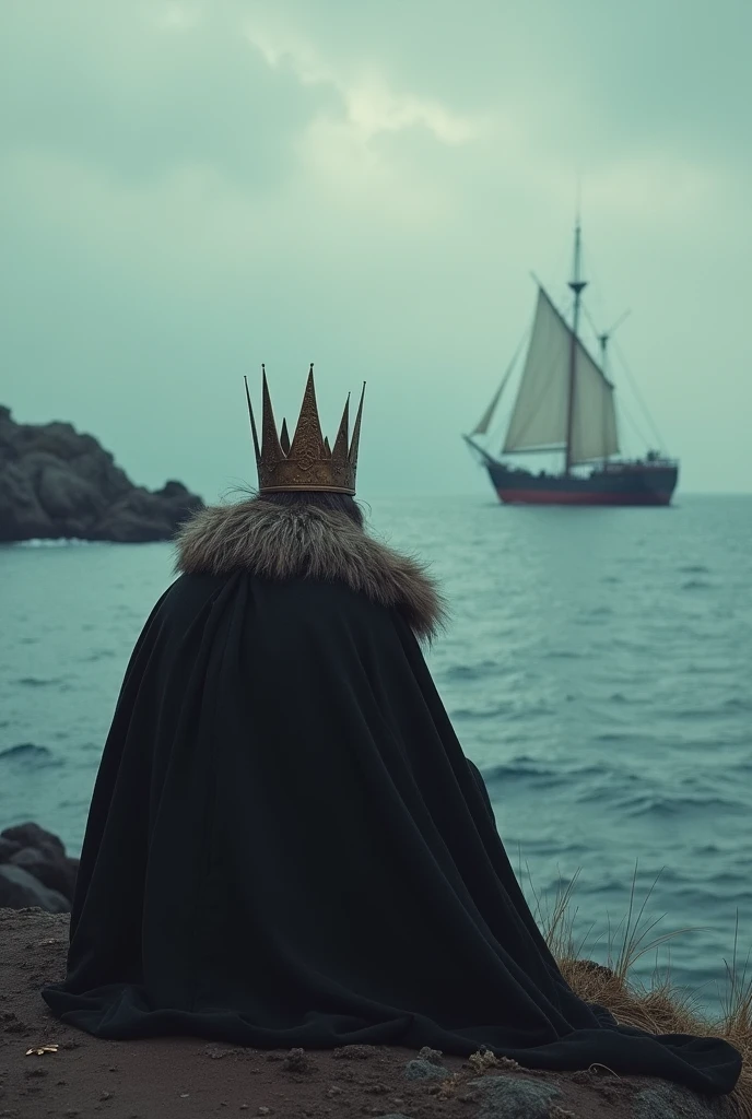 A sad KING watching the sea waiting for a boat
