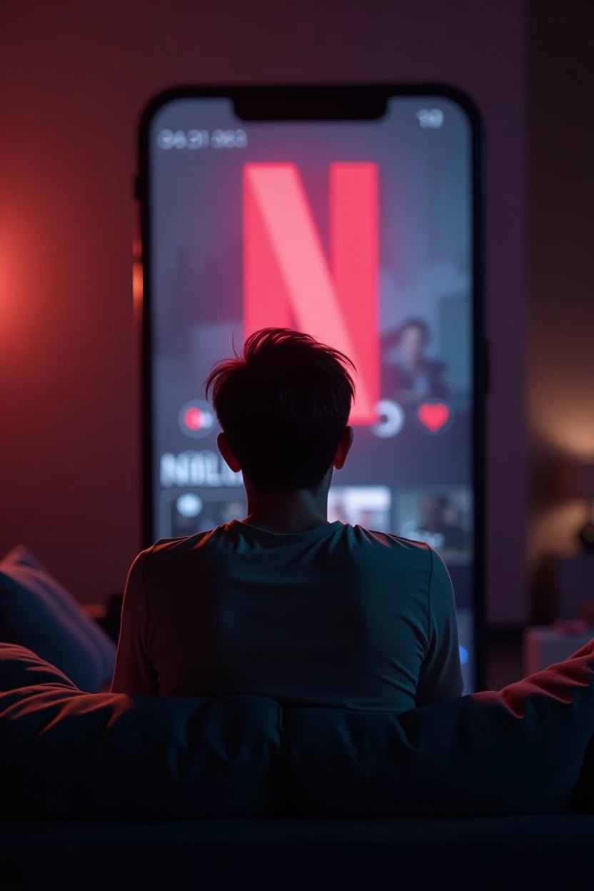 image of a genz man (seated
back view) watching Netflix on phone. the phone needs to have a larger than life perspective as if the boy was infront of a large phone screen (seems like a theater screen). he can be seated on a couch.Keep it to night light with shades of black,red, purple .