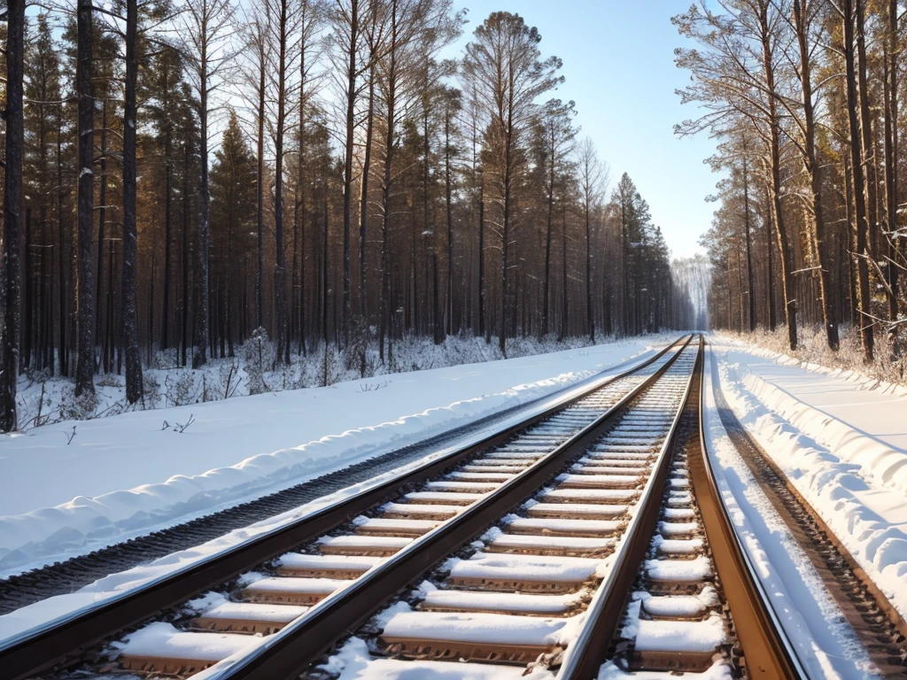 Tram tracks in the countryside, winter, forest visible in the distance, high detail, high resolution, high quality