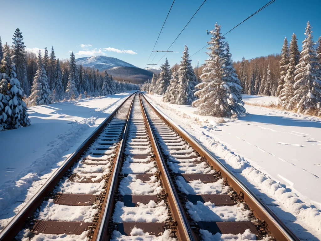 Tram tracks in the countryside, winter, forest visible in the distance, high detail, high resolution, high quality