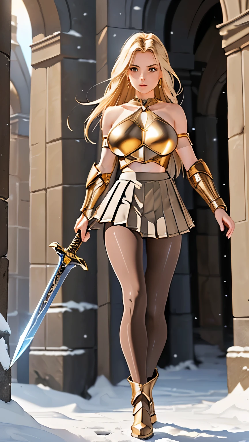 1 girl, masterpiece, maiden, 18 yo, (ideal female body:1.2), perfect body, (metallic halter-top armor:1.2), shoulder armor, (huge breasts:1.4), (brown pantyhose under pleated skirt:1.4), (low wedge heel booties:1.2), long straight platinum-blonde hair, metallic golden wings, pantyhosed legs, backdrop of snowy ancient ruins, (small hips:1.1), small butt, (thin:1.1), skinny girl, short, (155 centimeters tall:1.2), athletic, detailed face, detailed skin, golden circlet, (walking towards the viewer:1.2), natural lighting, low denier pantyhose, 8k, HDR, amazing details, hyper-realistic, photorealistic, raising the legendary sword Excalibur on high