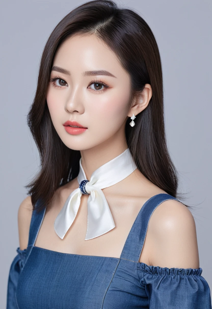 Prompt: Beautiful and attractive, 25-year-old Thai-Chinese lady, 162-centimeter height, natural-ivory skin tone, (rounded-face), small eyes, black eyes, ((droopy and monolid-eyes)), (clear-detailed eyes), centered-focus eyes, natural-gloss full lips, (2024 new-trend haircut), ((gray and silver highlights on black hair)), (clear-detailed hairs), hourglass-slim figure, narrow shoulders, long neck, slim waist, rich-detailed skin texture, skin detention, white crop-tops, high-waist blue skinny-denim, (clear rich-detailed necklace), ((too-tight silk neckerchief)), ((fine-detailed silk scarf)), look up to viewer, studio portraiture, studio lighting, HDR, side view,