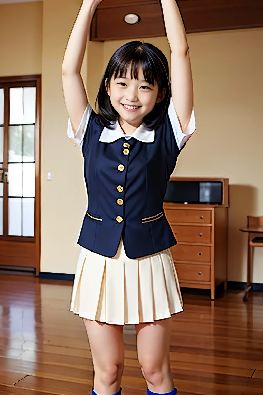 10 year old female,girl,Smiling elementary school student,child,Baby Face,Young Girl,Side Tail,Black Hair,Watching the photographer,Female elementary school student,Angle from the front,Taunting the photographer,Seducing the photographer,Amorous smile,Grinning lustfully,Smiling with teeth showing,western style living room,Hardwood floors,Mr.々Standing posture,4K,