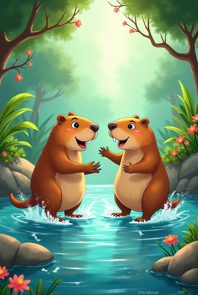 A book illustration featuring capybaras dancing and playing in a river. perfil: childish and colorful.
Add title: The Enchanted World of Capybaras"