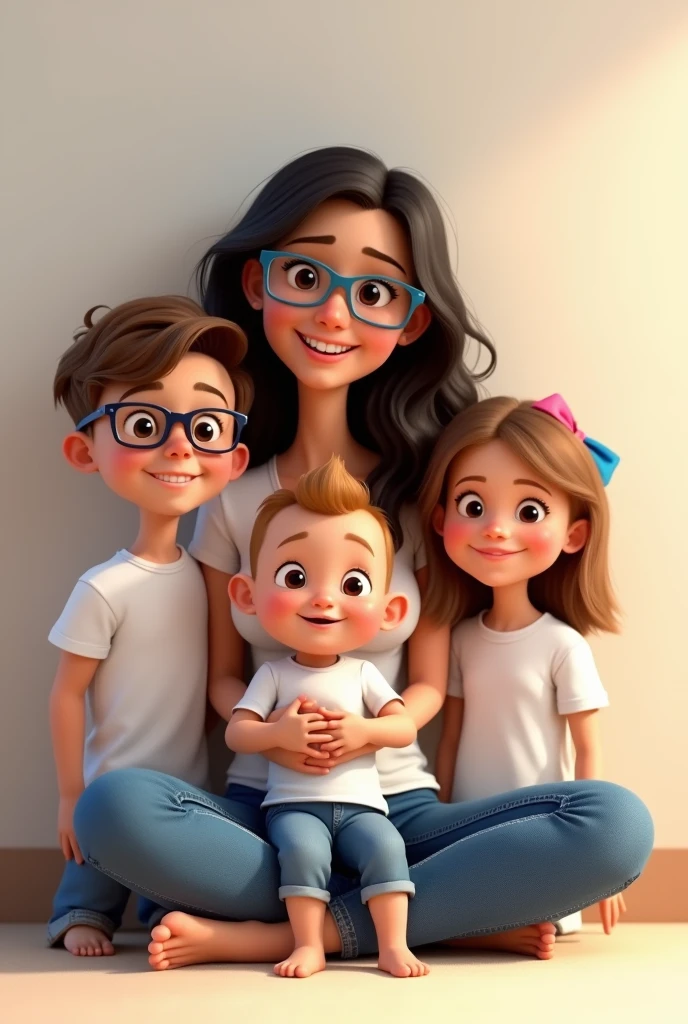Create a Pixar animation style family portrait.
A mother with three children. A one year old baby boy. An 8 year old boy with glasses and a 6 year old girl.
The mother is sitting on the floor with her legs crossed and holding the baby in her arms..
On the left is the boy. On the right is the girl. Everyone is wearing a white t-shirt and jeans. Everyone is smiling warmly and has a cheerful expression.
The mother has long, dark wavy hair and wears blue-framed glasses; the boy also wears black-framed glasses..
The children have light brown, almost blonde hair..
The boy has light brown, almost blond hair..
The girl has shoulder length hair with a bow on her head.
The background is neutral and soft in tone..
The entire scene must have vibrant colors., expressive expressions and warm lighting typical of Pixar animations.
Everyone looking at the camera.
The baby in the center is a boy.
The one on the right is a little shorter than the boy on the left. The boy on the left wears black-framed glasses..