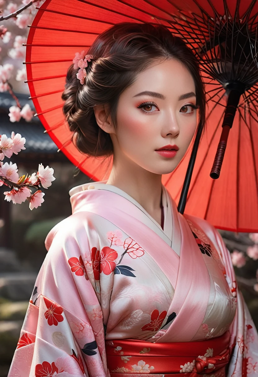A hyper realistic Anime style portrait, Create a digital painting of an elegant woman dressed in a traditional Japanese kimono with a modern twist. The kimono is primarily black, providing a strong and sophisticated base, and features red and pink cherry blossom patterns that add warmth and delicacy. The red obi (belt) complements the kimono and adds a vibrant contrast. The woman is holding a large red umbrella above her, with subtle highlights that suggest sunlight filtering through. Her eyes are closed, exuding grace and serenity, and her hair is styled in a neat updo with soft waves. The background should depict a serene Japanese garden with cherry blossom trees in full bloom and a traditional pagoda structure in muted reds, with soft pastel hues creating a peaceful atmosphere. The textures should be smooth and polished, with the kimono appearing silky and luxurious, and the cherry blossoms delicate and soft. The overall atmosphere should be calm and sophisticated, with a harmonious blend of colors and textures that emphasize the character’s elegance and the serene setting, beautiful girl, beautiful detailed eyes, beautiful detailed lips, extremely detailed face and skin, long eyelashes, graceful pose, serene expression, cinematic lighting, award-winning digital art, highly detailed, 8k, photorealistic, masterpiece, vibrant colors, dramatic lighting
