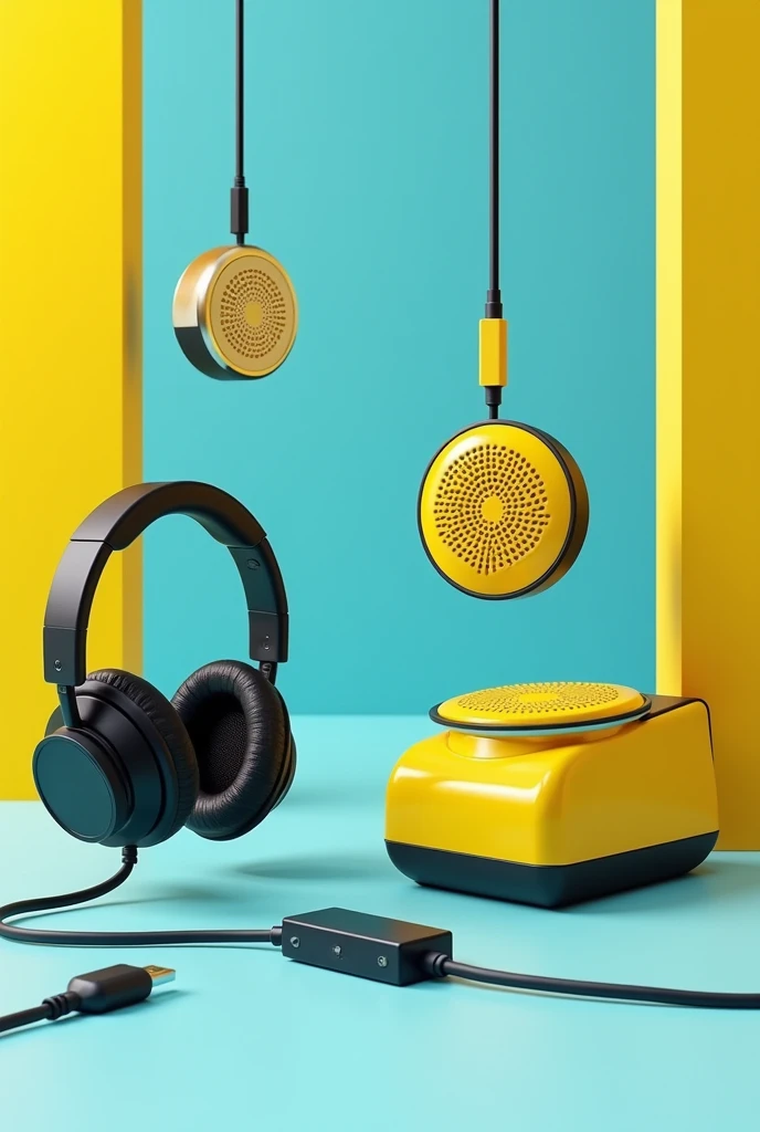 create image for Instagram with headphones, speaker and hardphone, with type C cables with light blue yellow and black color