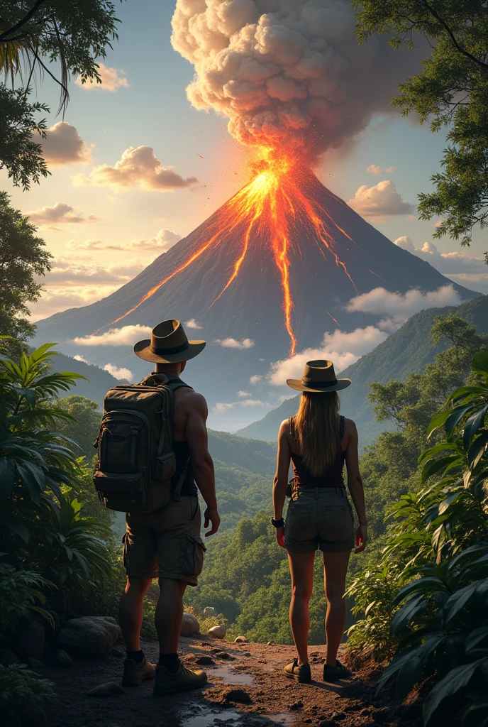 Two explore walking in the jungle, when they see a raging volcano, animals are running,