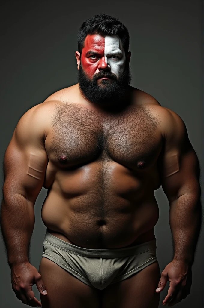A brown skinned chubby man with strong arms. He’s very hairy and has a bushy chest, and plus he has red eyes, with one fully white. He has no shirt on, and is in a pair of boxers,