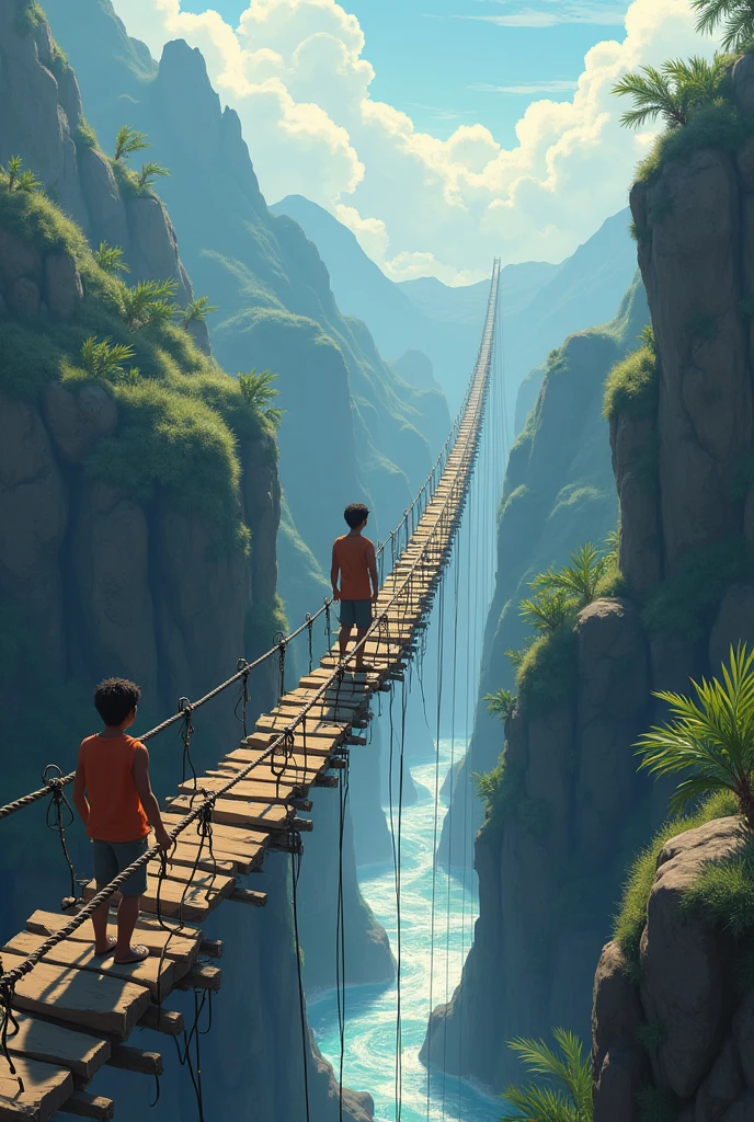 Action: Huppy encourages Ravi to cross the bridge. How does Ravi overcome his fear, and what steps do they take to cross the bridge safely?