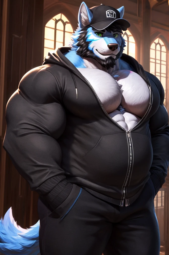 ((best quality)), ((masterpiece)), (Ultra detailed), ((4k)) , Solo , Anthro Wolf ,tiger stripe , Light Blue Fur , black Short Hair ,Beard , Handsone , Good Looking , Green Eyes, (Eyes Details), Middle Ages , Huge Pecs Bodybuilder Chubby Fat ,
Cover Black hoodie , long sleeves , black pants , black gloves , neckless , wear cap