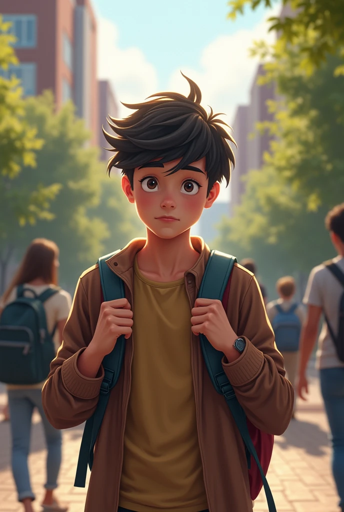 A boy going to university and a bag on his back settling his hair and being shy